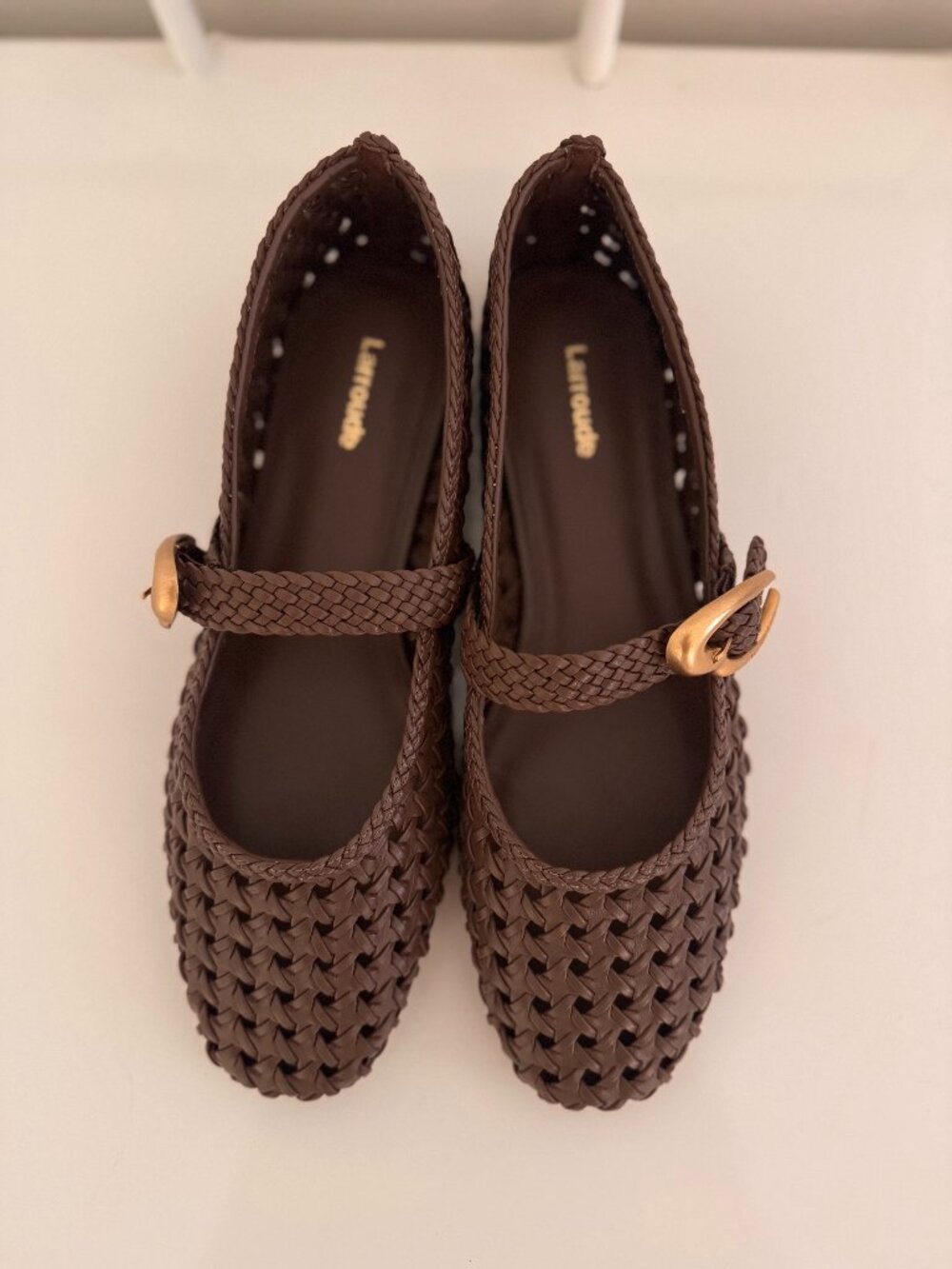 Loeffler Randall Brown Woven Mary Jane Flats with Gold Buckle